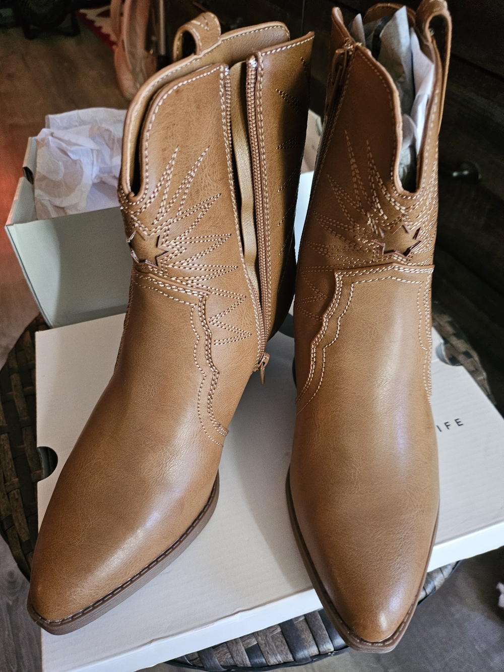 Sonoma Cognac Western Ankle Boots with Stitch Detail